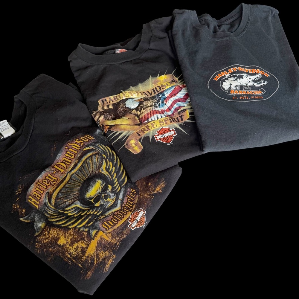 Y2K Harley Davidson Black T-Shirt Bundle Lot of 3 Skull Eagle USA 2XL